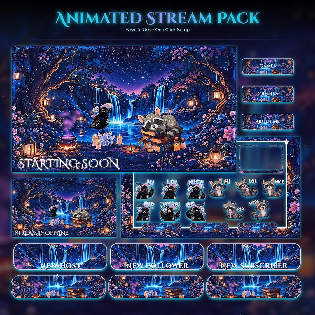 Spooky Raccoon Raven Animated Stream Package — animated witchy and gothic stream overlay pack for Twitch, YouTube, Kick and TikTok, with Starting Soon, BRB and Ending screens, alerts and panels