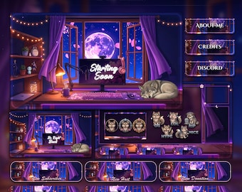 Wolf Sakura Moon Setup Animated Stream Pack | Twitch Overlay | YouTube, Kick | Purple Room Overlays