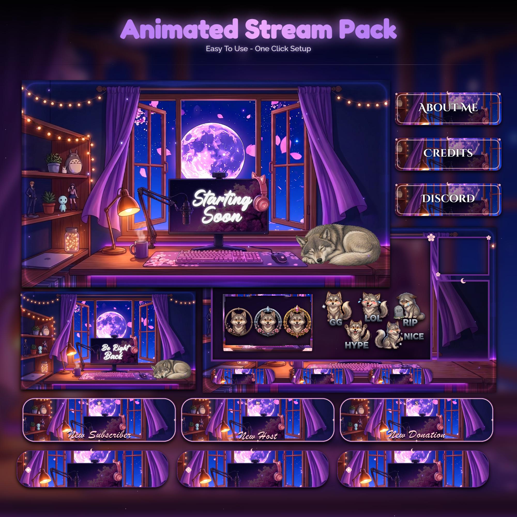 Wolf Sakura Moon Setup Animated Stream Pack