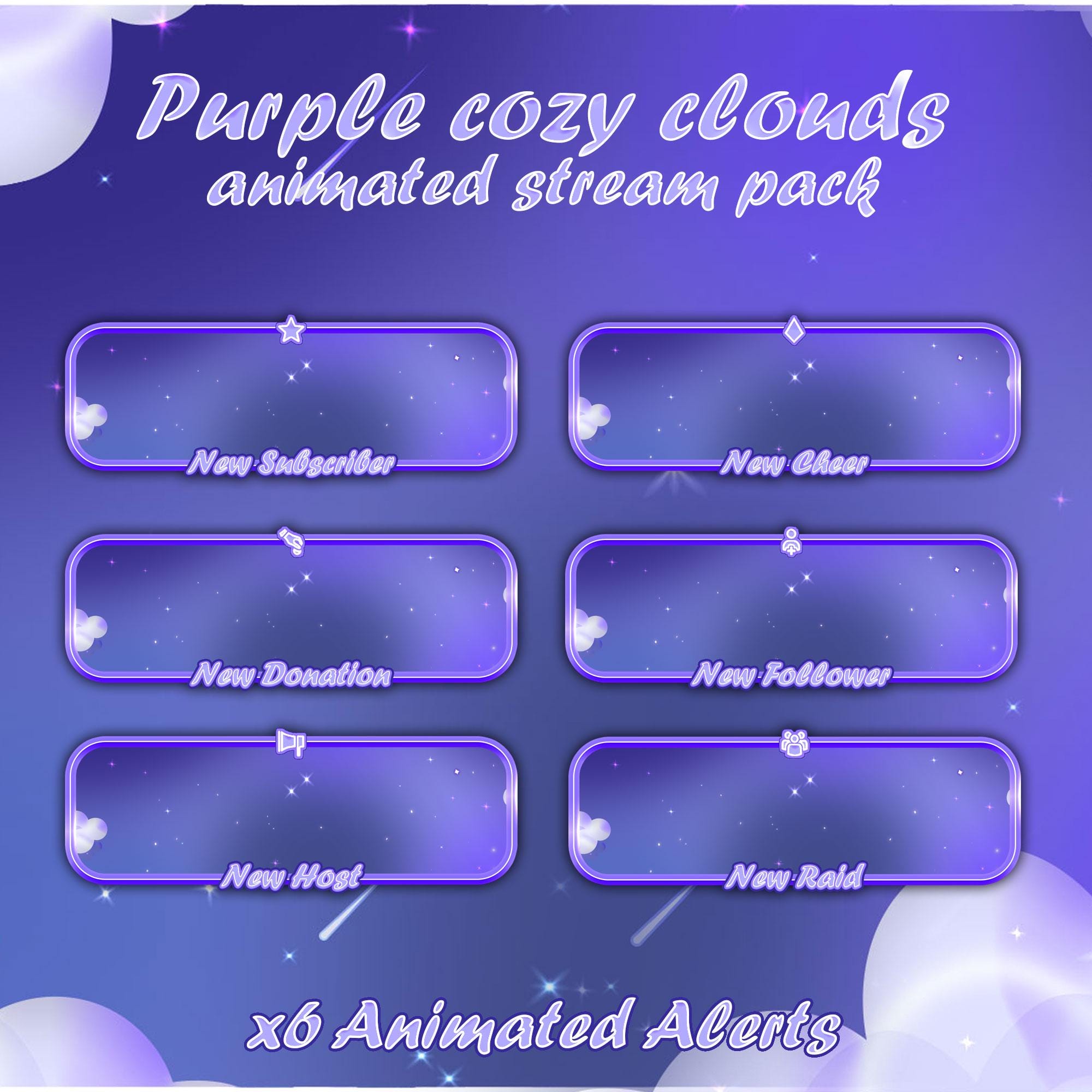 Purple Clouds Animated Stream Package: Twitch Overlay, Kick, Facecam, Panels, Alerts, Stream Overlays — preview photo 5