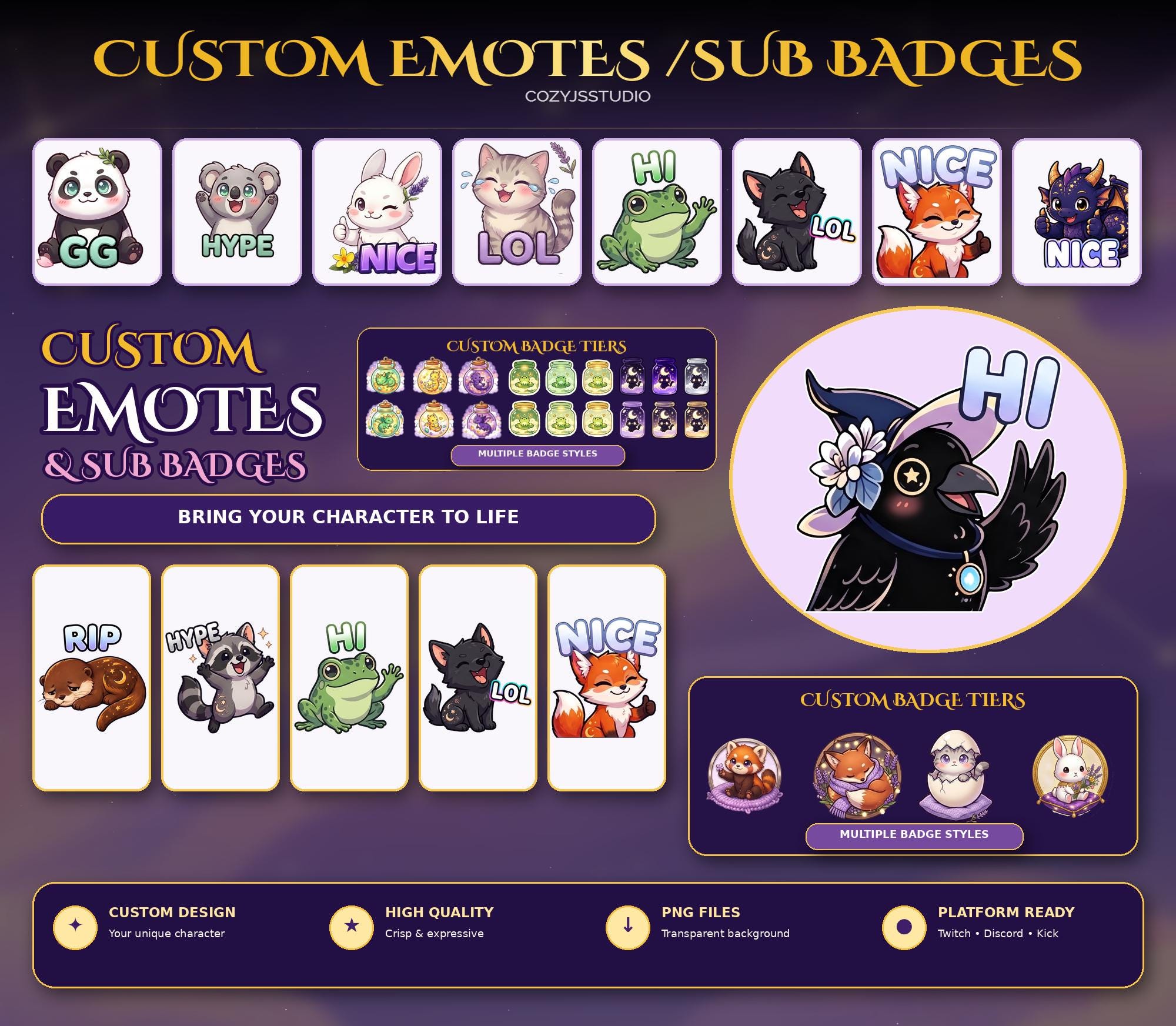 Custom Chibi Emotes & Sub Badges for Twitch, Discord (Digital Download) — animated frog and woodland animal stream overlay pack for Twitch, YouTube, Kick and TikTok, with Starting Soon, BRB and Ending screens, alerts and panels