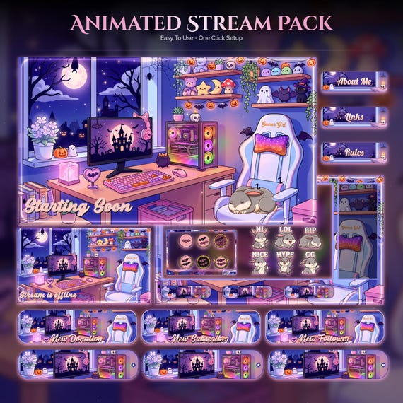 Animated Spooky Halloween Twitch Overlay Pack — animated seasonal stream overlay pack for Twitch, YouTube, Kick and TikTok, with Starting Soon, BRB and Ending screens, alerts and panels