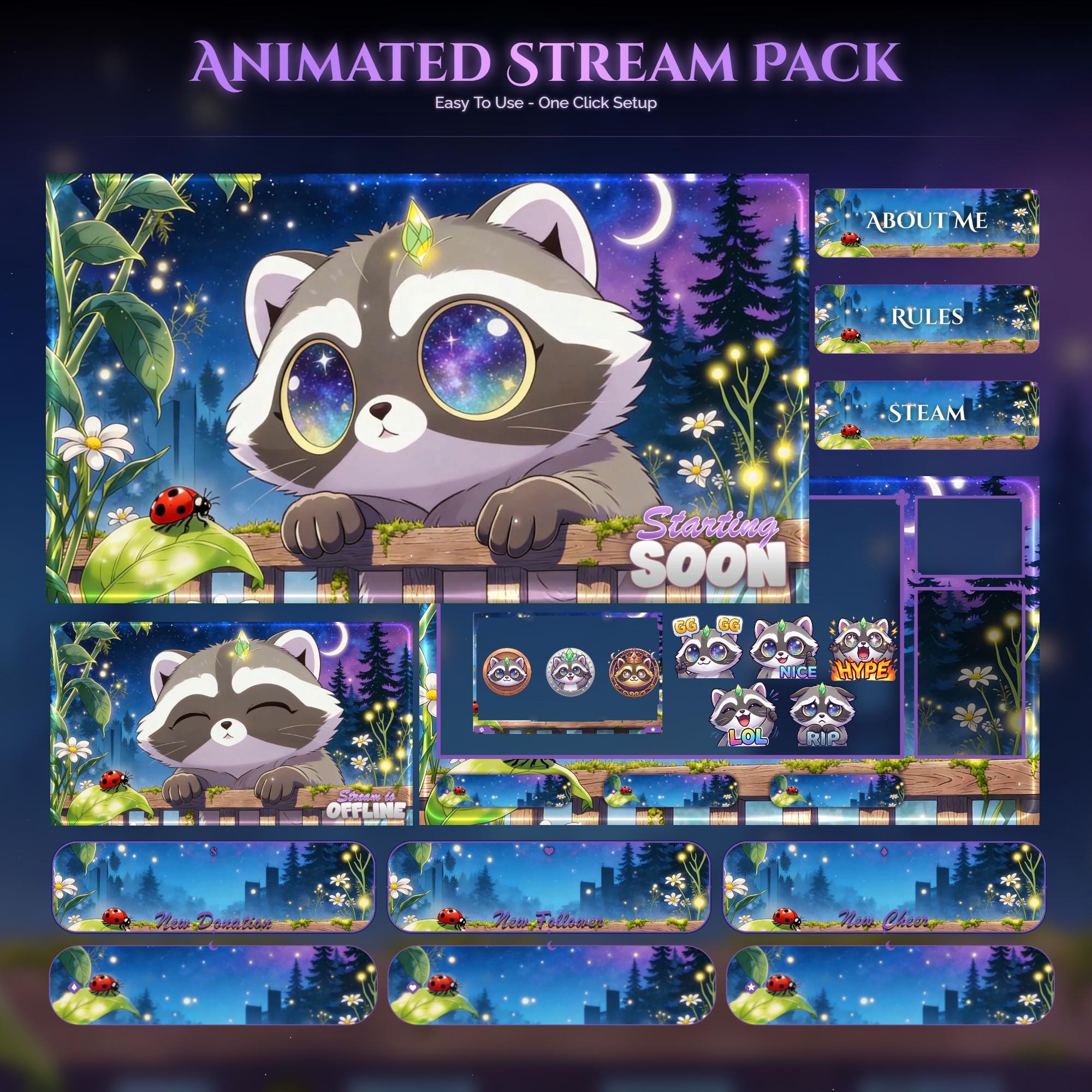 Animated Raccoon Stream Overlay Pack