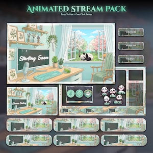 Peut inclure: Un pack de stream animé avec une esthétique pastel. Le design présente une configuration d'ordinateur avec une fenêtre donnant sur une scène de fleurs de cerisier et un panda. Comprend des superpositions animées, des boutons et des alertes avec du texte comme "Starting Soon".