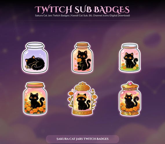 Sakura Cat Jars Twitch Badges — Black Cat — animated cat stream overlay pack for Twitch, YouTube, Kick and TikTok, with Starting Soon, BRB and Ending screens, alerts and panels