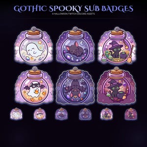 Op de afbeelding: Zes digitale badges met de titel GOTHIC SPOOKY SUB BADGES 6 HALLOWEEN TWITCH DISCORD ASSETS. De set bevat ronde glazen potten met kurken stoppen met daarin een geest, een vleermuis en een zwarte kat met een heksenhoed, plus kleinere versies.