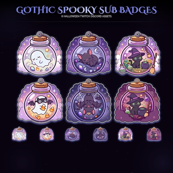 Gothic Halloween Witch Cat Bat Badges — animated seasonal stream overlay pack for Twitch, YouTube, Kick and TikTok, with Starting Soon, BRB and Ending screens, alerts and panels