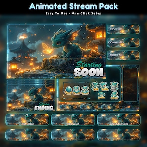 Könnte beinhalten: Ein animiertes Stream-Paket mit Fantasy-Thema. Das Design zeigt einen teal-farbenen Drachen, japanische Architektur und den Text "Animated Stream Pack". Zusätzliche Elemente sind Stream-Labels und Chat-Boxen.