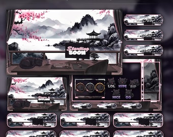 Cat Overlay Animated Stream Package: Twitch, YouTube, Kick | Setup Room Sakura Overlays