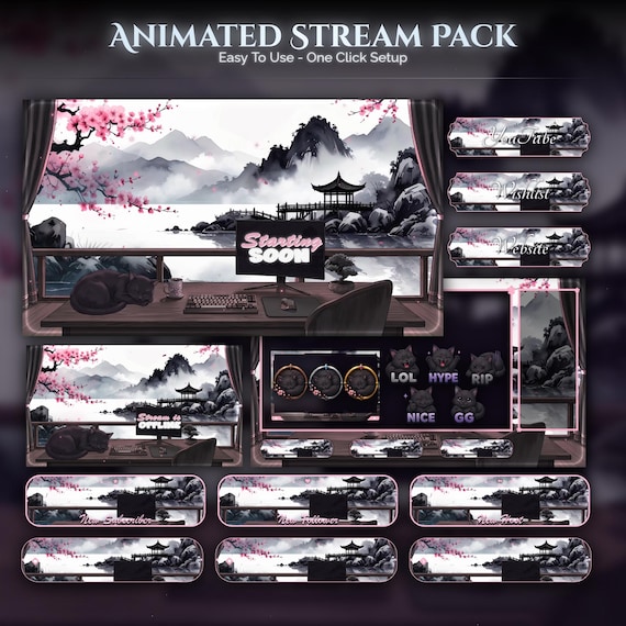 Cat Overlay Animated Stream Package — animated cat stream overlay pack for Twitch, YouTube, Kick and TikTok, with Starting Soon, BRB and Ending screens, alerts and panels