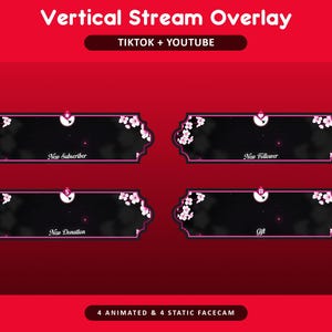 Pode incluir: Um design de sobreposi&ccedil;&atilde;o de fluxo vertical com fundo vermelho e quatro pain&eacute;is retangulares pretos. Cada painel tem uma borda rosa e detalhes florais brancos. O texto inclui "New Subscriber", "New Follower", "New Donation" e "Gift".