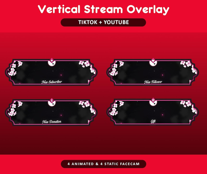 Pode incluir: Um design de sobreposi&ccedil;&atilde;o de fluxo vertical com fundo vermelho e quatro pain&eacute;is retangulares pretos. Cada painel tem uma borda rosa e detalhes florais brancos. O texto inclui "New Subscriber", "New Follower", "New Donation" e "Gift".
