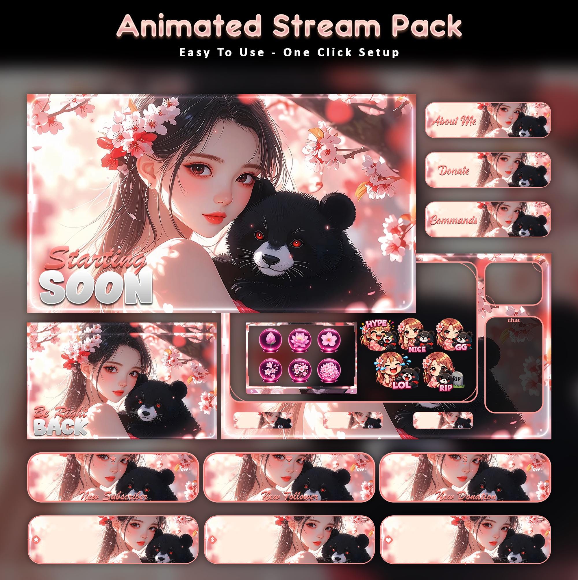 Sakura Panda Animated Stream Overlay Pack (Twitch/YouTube/Kick)