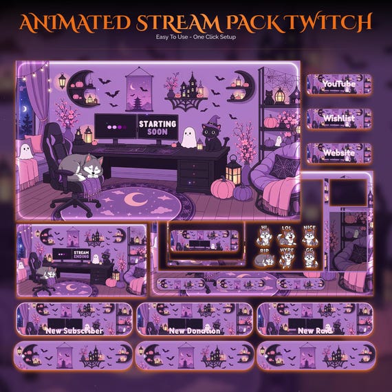 Animated Halloween Twitch Stream Overlay Pack — Wolf — animated seasonal stream overlay pack for Twitch, YouTube, Kick and TikTok, with Starting Soon, BRB and Ending screens, alerts and panels