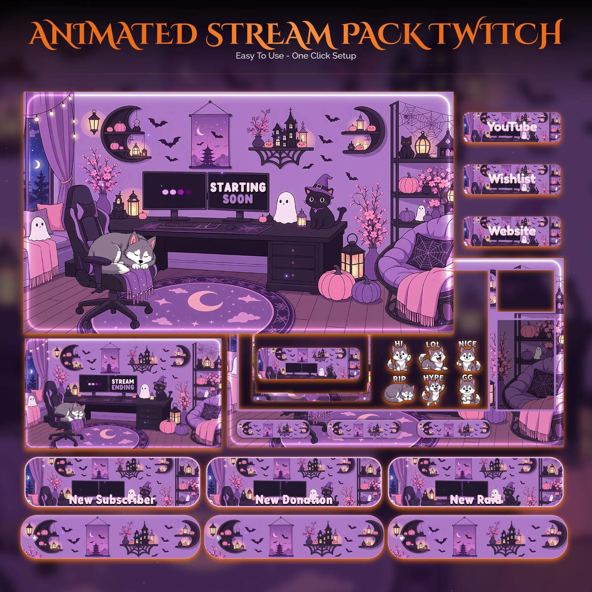 Animated Halloween Twitch Stream Overlay Pack — animated seasonal stream overlay pack for Twitch, YouTube, Kick and TikTok, with Starting Soon, BRB and Ending screens, alerts and panels