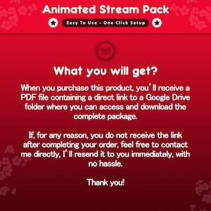 Pode incluir: Gr&aacute;fico vermelho com o texto "Animated Stream Pack" e "Easy To Use - One Click Setup". A imagem inclui o texto "What you will get?" e detalhes sobre como receber um arquivo PDF com um link para baixar o pacote completo.