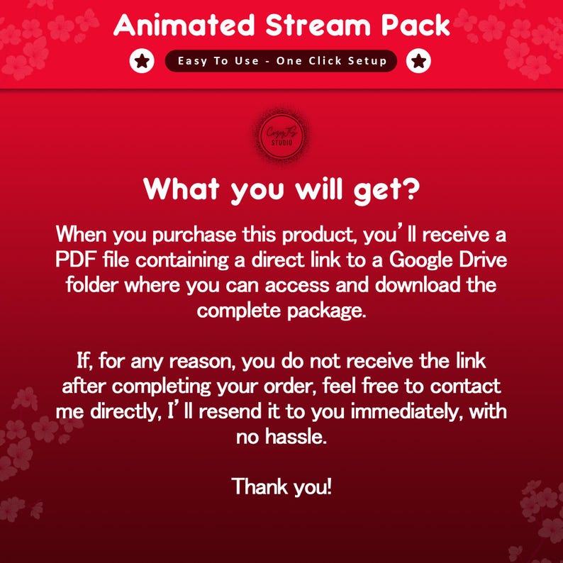 Pode incluir: Gr&aacute;fico vermelho com o texto "Animated Stream Pack" e "Easy To Use - One Click Setup". A imagem inclui o texto "What you will get?" e detalhes sobre como receber um arquivo PDF com um link para baixar o pacote completo.