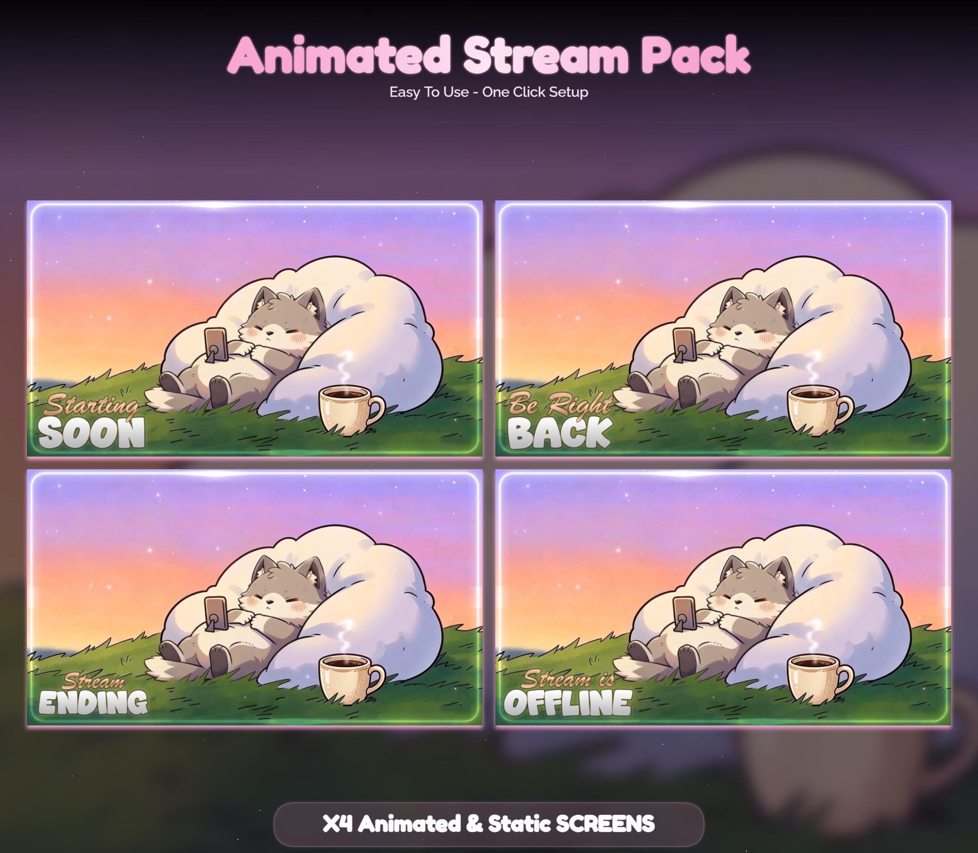 Lofi Sunset Wolf Overlay Animated Stream Package: Cozy — preview photo 2