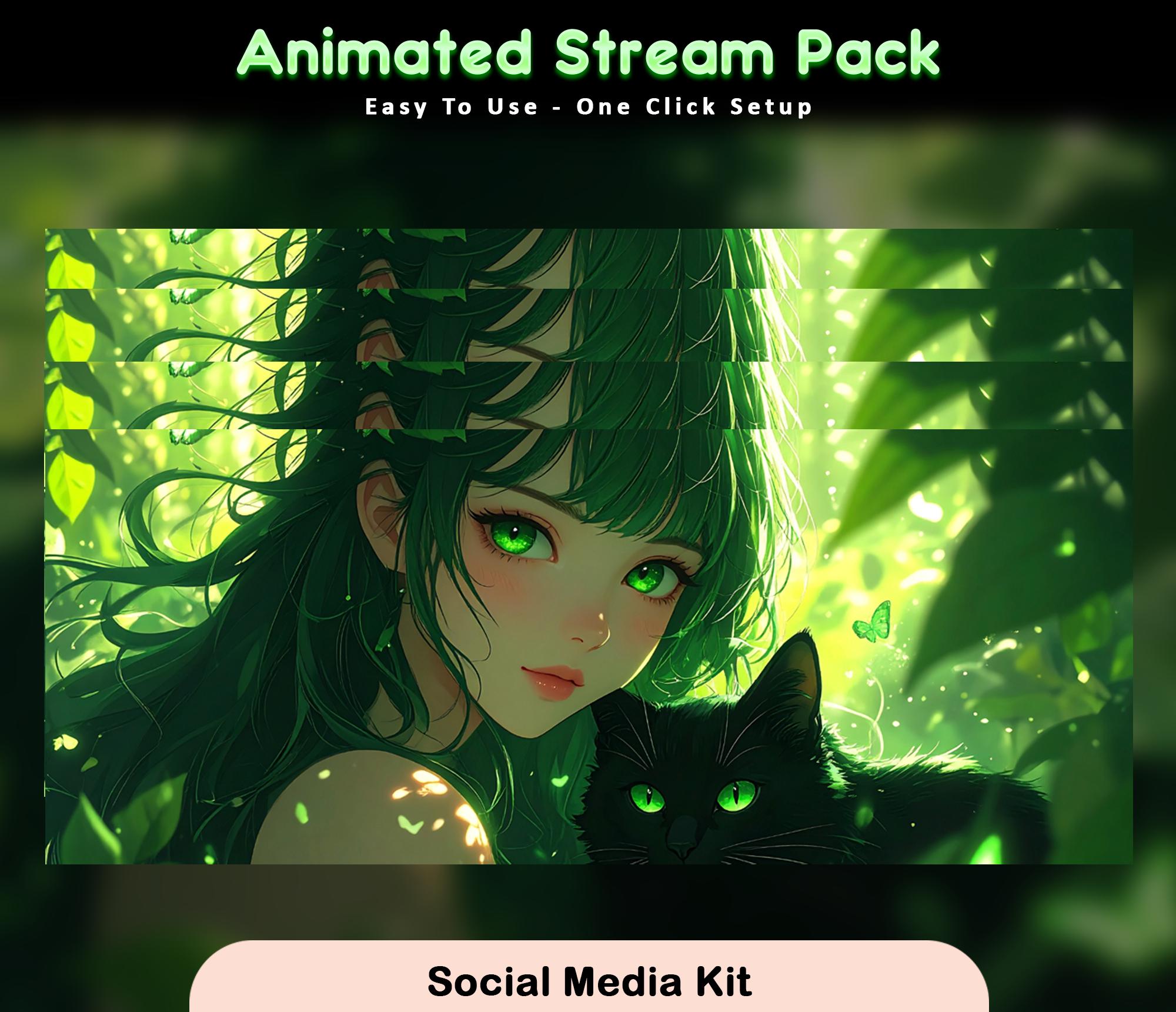 Green Anime Girl Black Cat Animated Stream Package: Twitch Overlay, YouTube, Kick — preview photo 9