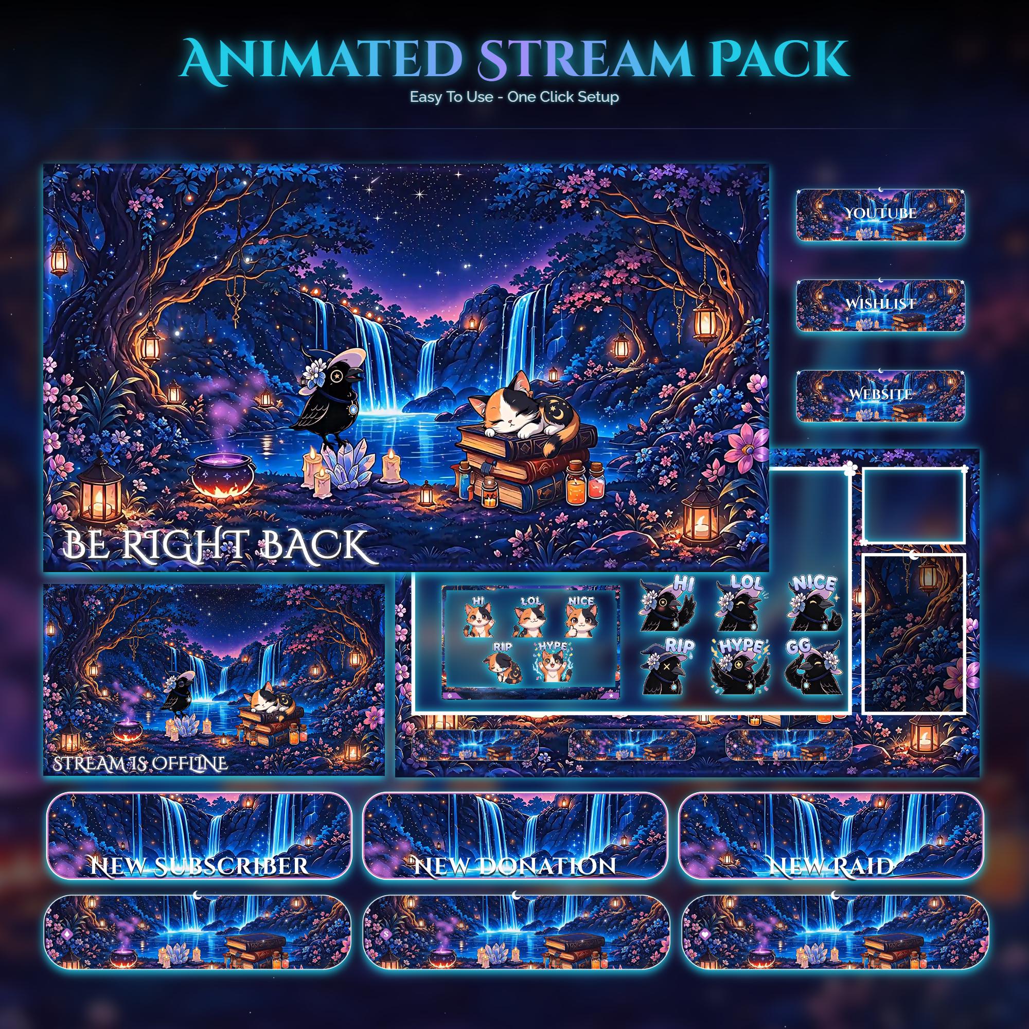 Animated Stream Pack: Raven Cat Forest Night Overlay (Digital Download) — animated witchy and gothic stream overlay pack for Twitch, YouTube, Kick and TikTok, with Starting Soon, BRB and Ending screens, alerts and panels