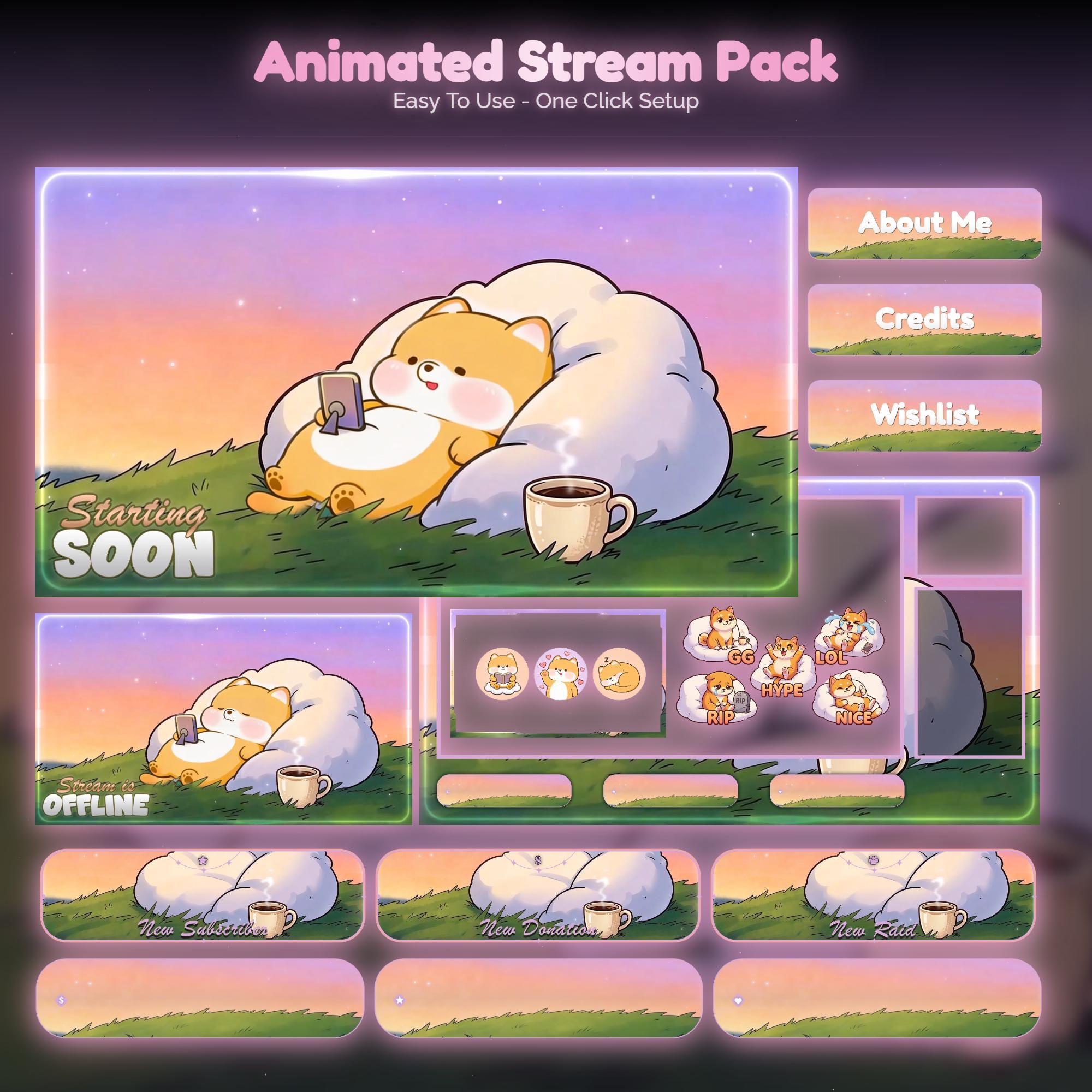 Lofi Sunset Dog Shiba Overlay Animated Stream Package: Cozy