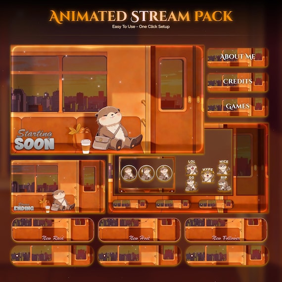 Train Sunset Otter Overlay Animated Stream Package — animated frog and woodland animal stream overlay pack for Twitch, YouTube, Kick and TikTok, with Starting Soon, BRB and Ending screens, alerts and panels