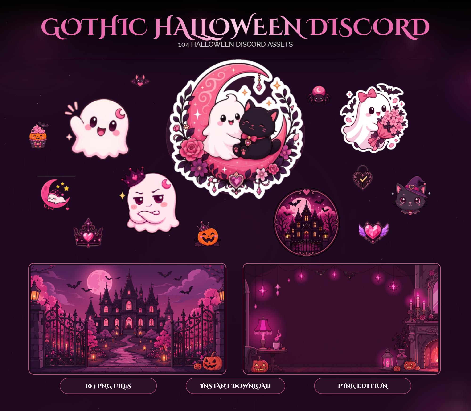 Gothic Halloween Discord Kit: Pink Spooky PNG Icons, Emotes, Stickers (Digital Download) — animated seasonal stream overlay pack for Twitch, YouTube, Kick and TikTok, with Starting Soon, BRB and Ending screens, alerts and panels