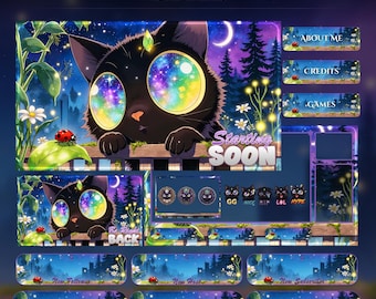 Galaxy Eyes Cat Animated Overlay Stream Package | Magical Night Forest Stream Overlay | Cozy Starry Sky Theme for Twitch, OBS & YouTube
