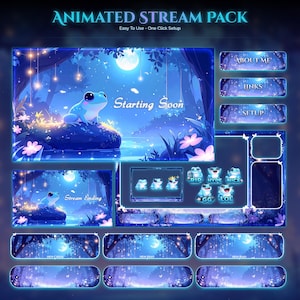 May include: Animated stream pack with a blue and white theme. The design includes a frog, a moon, and the text "Starting Soon" and "Stream Ending". Additional elements include buttons labeled "About Me", "Links", and "Setup".