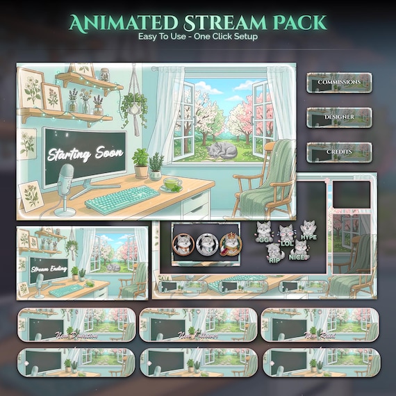 Matcha Wolf Animated Stream Package — animated sakura and Japanese stream overlay pack for Twitch, YouTube, Kick and TikTok, with Starting Soon, BRB and Ending screens, alerts and panels