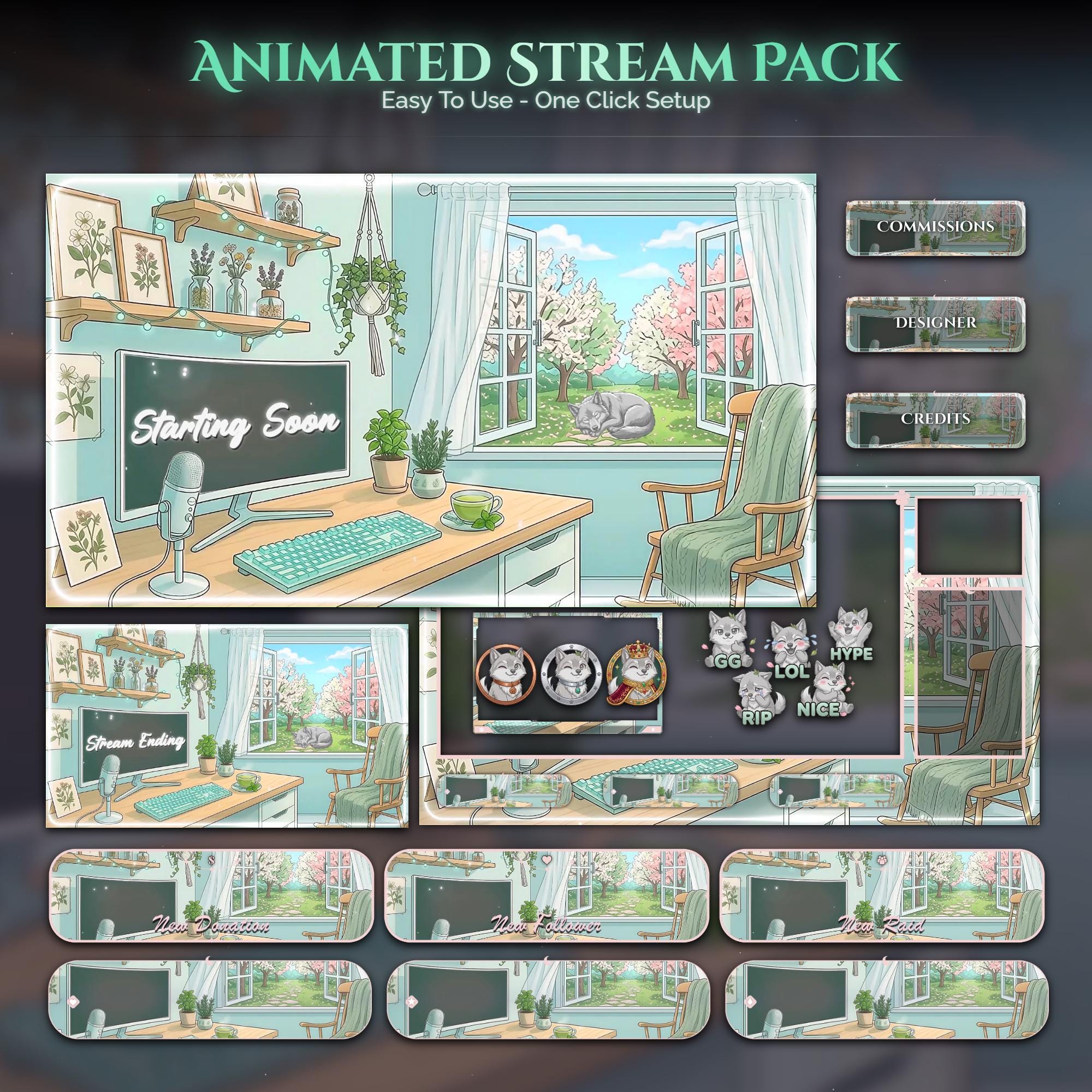 Matcha Wolf Animated Stream Package: For Twitch Overlay, YouTube, Kick