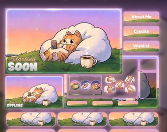 Lofi Sunset Orange Cat Overlay Animated Stream Package: Cozy | Twitch, YouTube, Kick | Coffee Overlays