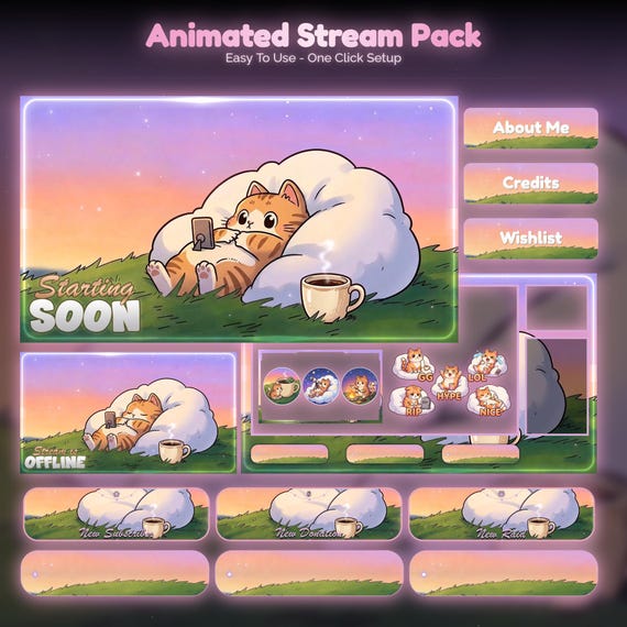 Lofi Sunset Orange Cat Overlay Animated Stream Package — animated cat stream overlay pack for Twitch, YouTube, Kick and TikTok, with Starting Soon, BRB and Ending screens, alerts and panels