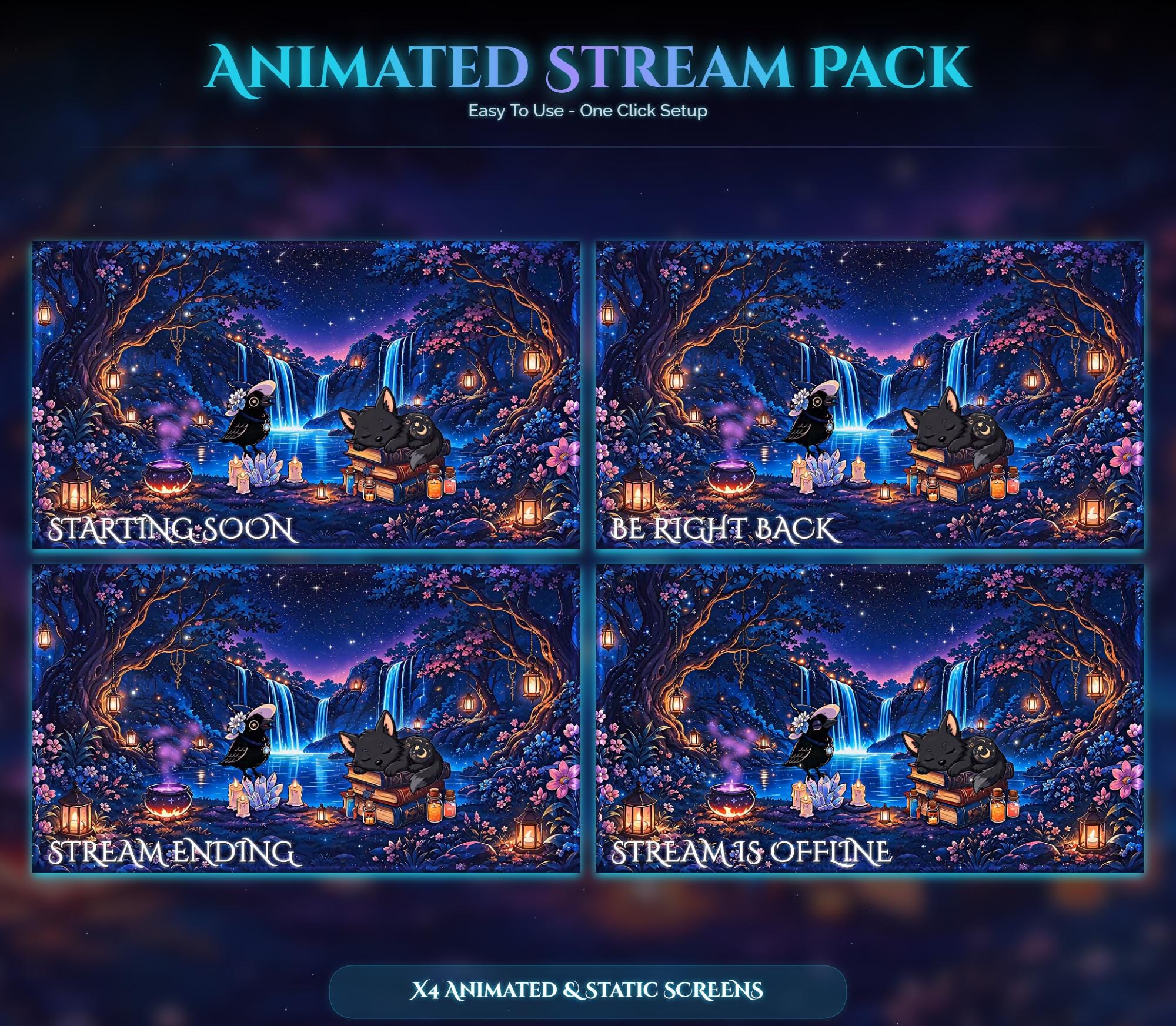Animated Raven Wolf Stream Pack: Forest Night Twitch Overlay (Digital Download) — preview photo 2