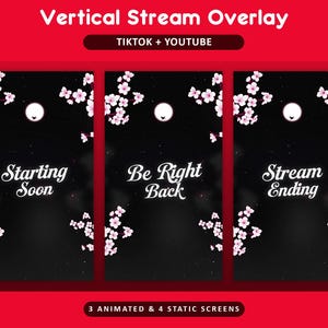 Pode incluir: Design de sobreposi&ccedil;&atilde;o de fluxo vertical para TikTok e YouTube. O design apresenta tr&ecirc;s pain&eacute;is com fundo preto, texto branco e detalhes florais rosa. O texto inclui "Starting Soon", "Be Right Back" e "Stream Ending".