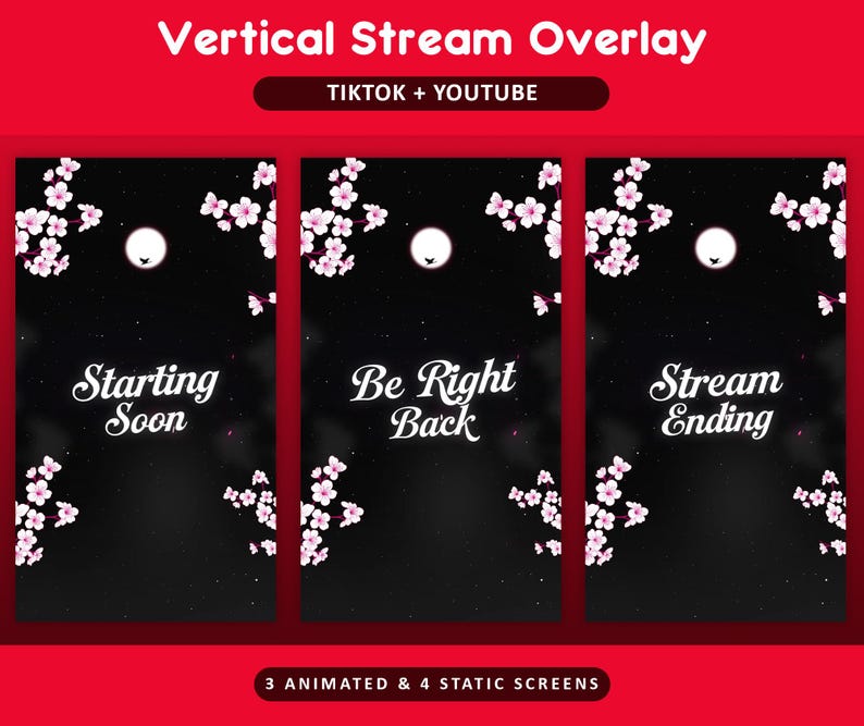 Pode incluir: Design de sobreposi&ccedil;&atilde;o de fluxo vertical para TikTok e YouTube. O design apresenta tr&ecirc;s pain&eacute;is com fundo preto, texto branco e detalhes florais rosa. O texto inclui "Starting Soon", "Be Right Back" e "Stream Ending".