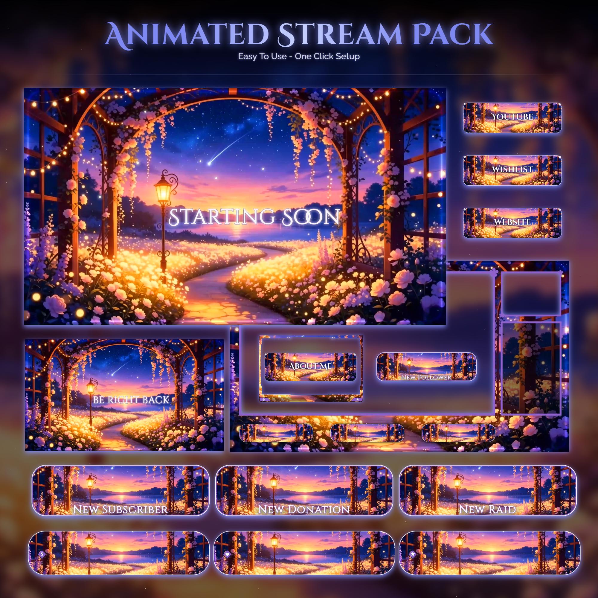 Cozy Garden Animated Overlay Bundle — animated cozy lofi bedroom stream overlay pack for Twitch, YouTube, Kick and TikTok, with Starting Soon, BRB and Ending screens, alerts and panels