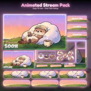 May include: Animated stream pack with a cute otter character. The otter is lounging on a cloud, holding a phone, and drinking coffee. Includes "Starting Soon" and "Offline" screens, plus buttons for "About Me," "Credits," and "Wishlist."
