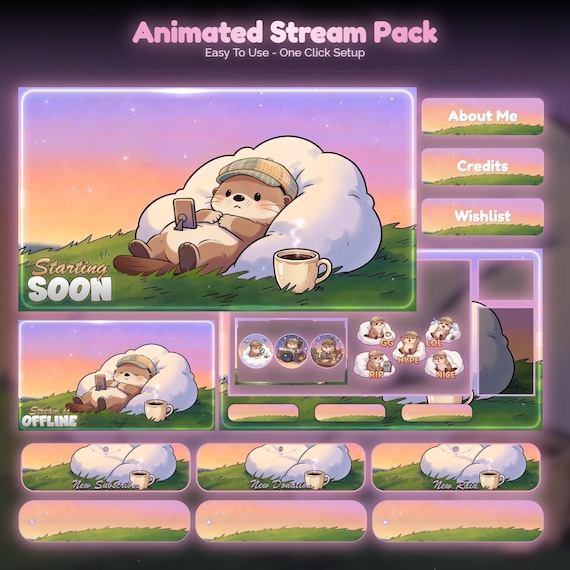 Lofi Sunset Otter Overlay Animated Stream Package — animated frog and woodland animal stream overlay pack for Twitch, YouTube, Kick and TikTok, with Starting Soon, BRB and Ending screens, alerts and panels