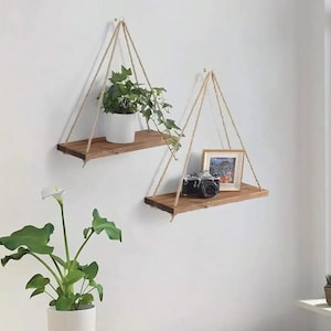 Rustic Wood Hanging Shelf with Hemp Rope: Boho Home Decor