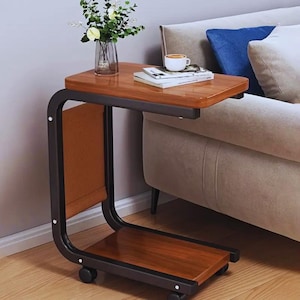 Rolling C-Shaped Side Table: Walnut Finish, Magazine Holder