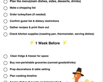 May include: Thanksgiving Hosting Checklist with a to-do list for planning a holiday meal. The checklist includes tasks like planning the menu, making a shopping list, and prepping decorations. A cartoon turkey illustration is in the bottom right corner.