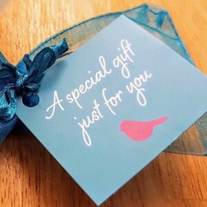 May include: A blue gift tag with a white ribbon tied around it. The tag has the text "A special gift just for you" written on it in white lettering. A pink bird is also on the tag.