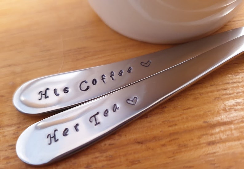 Customisable His, Hers His and Hers,Couples Gift,Housewarming gift,wedding gift,Engagement gift,Mr, Mrs, Hand Stamped Teaspoon,t image 3