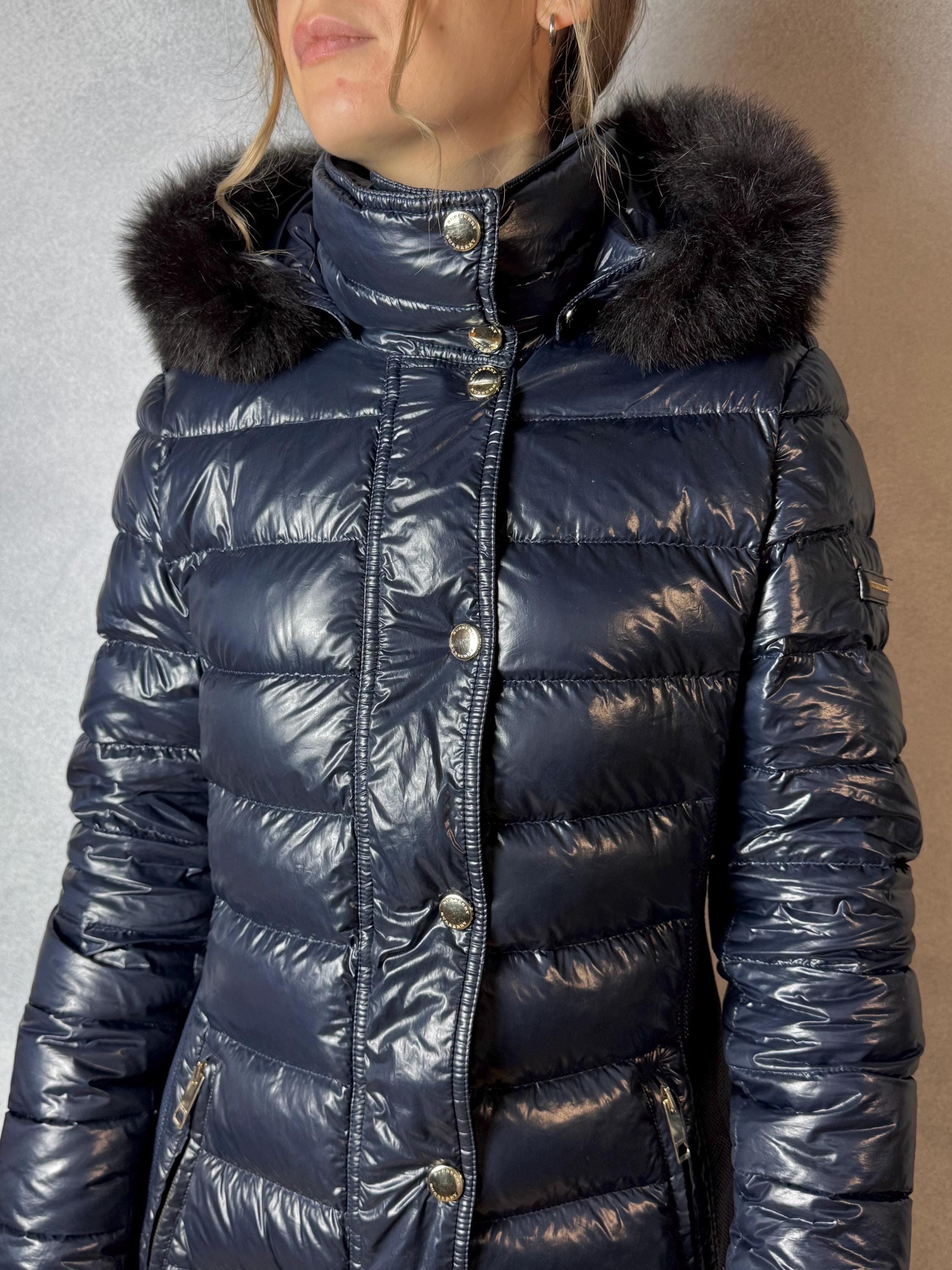 Burberry Long Down Jacket Puffer Blue Fox Fur Women's Size S-M Burberry Long Down Jacket Puffer Blue Fox Fur Women's Size S-M