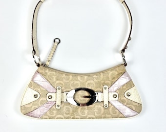 Vintage Guess Shoulder Bag Y2K Beige Pink Zip Studded Monogram 00's Baguette