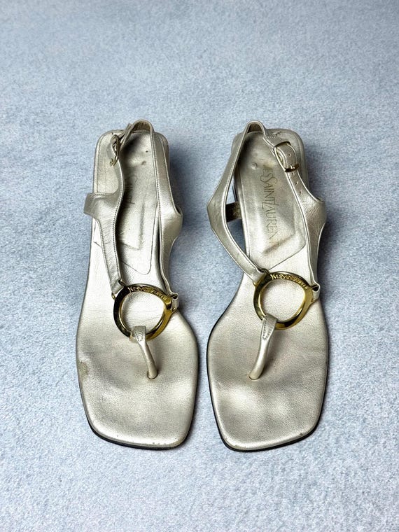 Saint Laurent, Vintage Yves Saint Laurent Sandals Heels Metalic Gray Leather Size US 7.5, EU 38.5