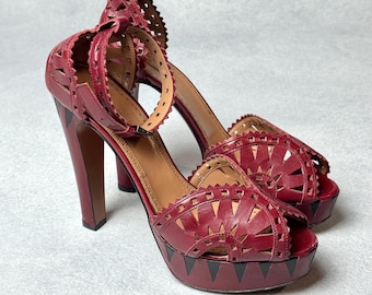 Vintage Alaia Leather High Heels Platform Red Strap Pumps Size 39, US 8