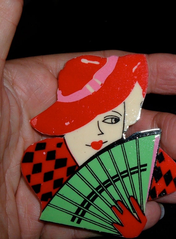 vintage resin painted society lady red hat fan pin - image 1