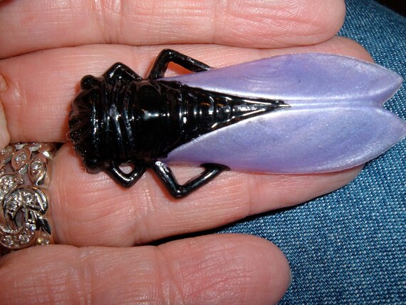 vintage celluloid purple good luck french cicada … - image 1